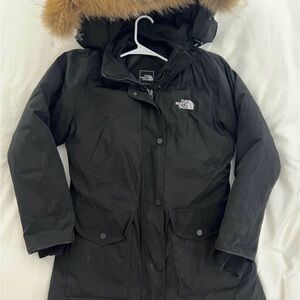 The North Face Womens Black Puffer Coat with Faux Fur Hood